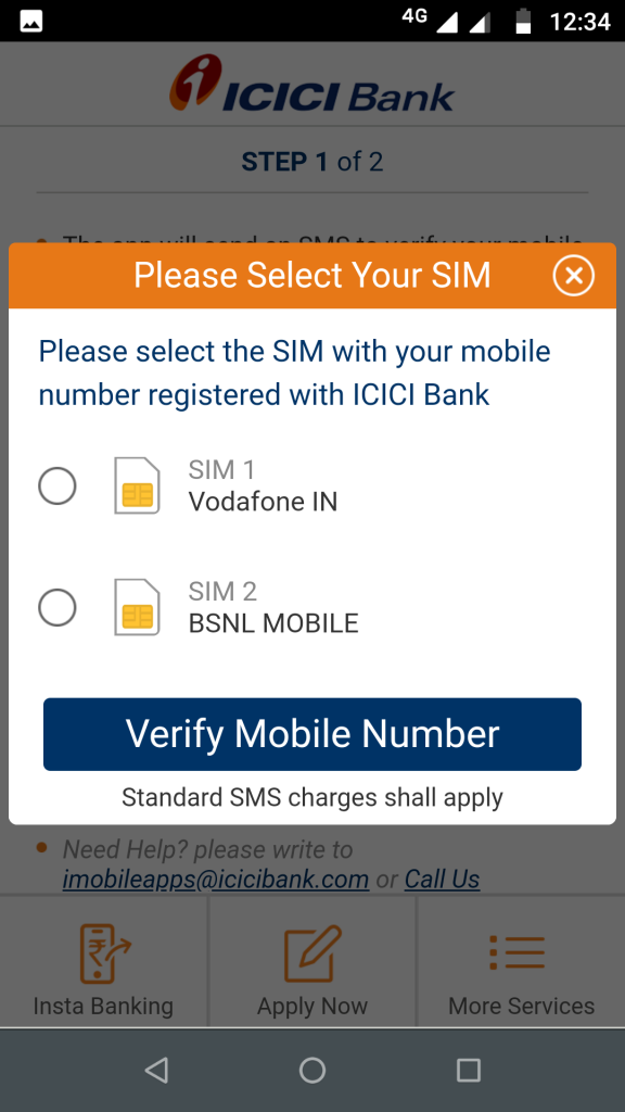 ICICI mobile banking - select SIM