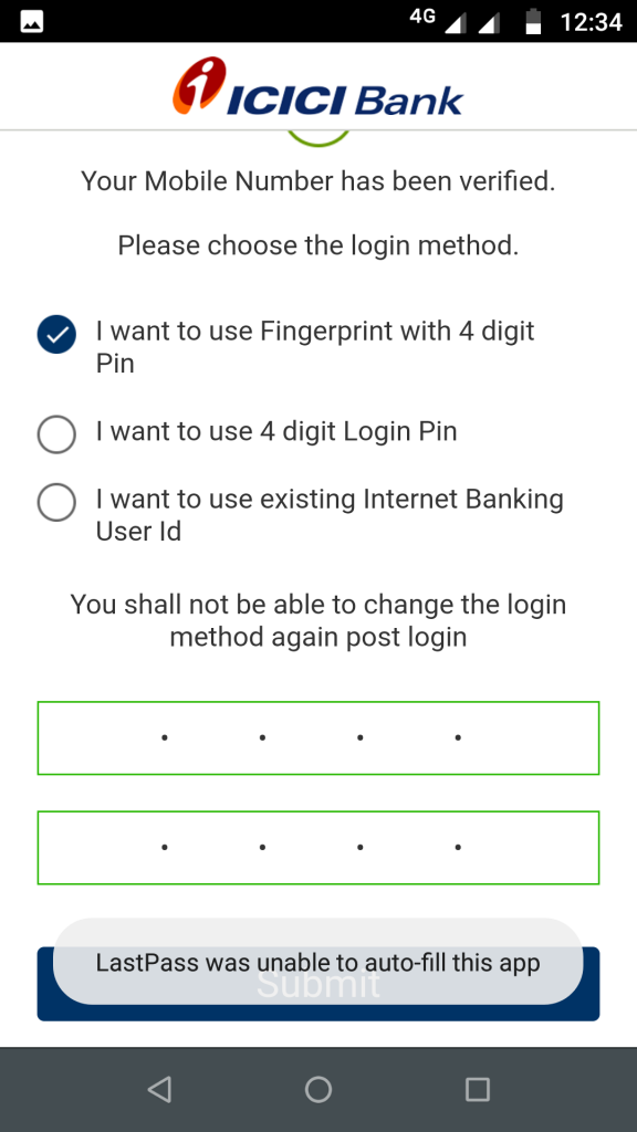 choose login method in iMobile app